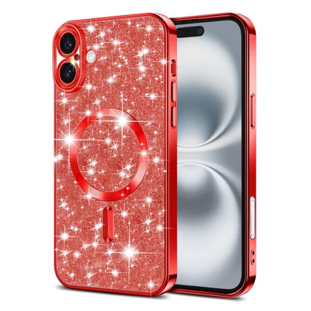 Husa pentru iPhone 16, SKYDDAR INNOVATION, Luxury Glitter Magsafe, Antisoc, Fundal Detasabil 2-in-1, Protectie Superioara, Margini Ridicate, Rosu, set cu sticker