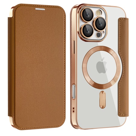 Husa pentru iPhone 17 tip carte, SKYDDAR INOVATION, SmartMag Book, Magsafe, RFiD, Suport Carduri, set cu sticker, Maro