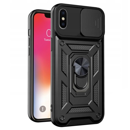 Husa pentru iPhone X, iPhone 10 / XS, SKYDDAR INNOVATION, CamShield, Inel magnetic, set cu sticker, Negru