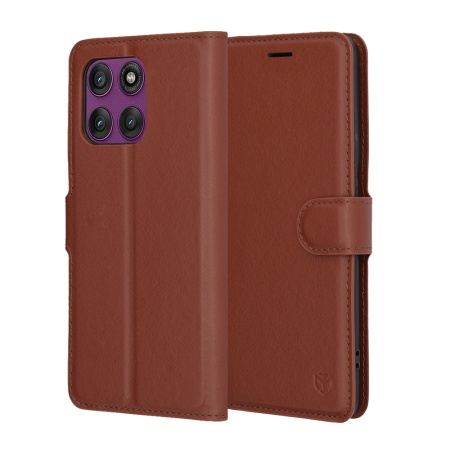 Husa pentru Motorola Edge 60 Pro, SKYDDAR INNOVATION, Leather Folio, tip Carte, cu Portofel Interior, Finisaje Premium, Maro, set cu sticker