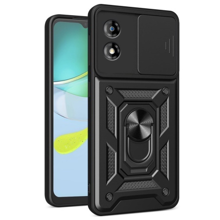 Husa pentru Motorola Moto E13, SKYDDAR INNOVATION, CamShield, Inel magnetic, set cu sticker, Negru