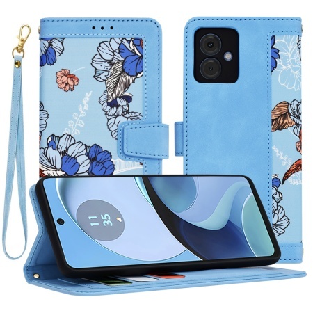 Husa pentru Motorola Moto G14, SKYDDAR INNOVATION, Flipcraft din Piele Ecologică, Stand Integrat, Buzunare pentru Carduri, set cu sticker, Bleu