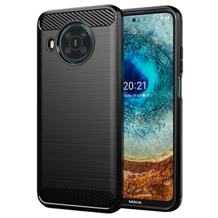 Husa pentru Nokia X20 / X10, SKYDDAR INNOVATION, Carbon Silicone, din Silicon Slim, cu textura Fibra Carbon, set cu sticker, Negru