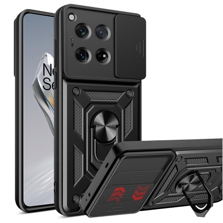 Husa pentru OnePlus 12, SKYDDAR INNOVATION, CamShield, Inel magnetic, set cu sticker, Negru