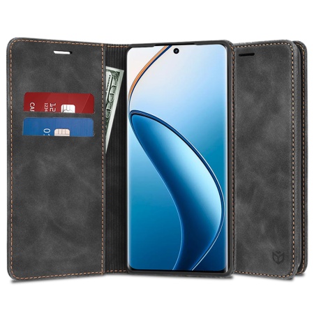 Husa pentru Realme 12 Pro / 12 Pro+, SKYDDAR INNOVATION, Soft Wallet, tip Carte din piele Eco Premium, cu Portofel Interior, Negru, set cu sticker