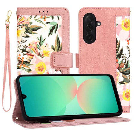 Husa pentru Samsung Galaxy A26 5G, SKYDDAR INNOVATION, Floral Wallet, din Piele Ecologică cu Design Floral, Protecție 360°, Stand Integrat, Buzunare pentru Carduri, Roz, set cu sticker