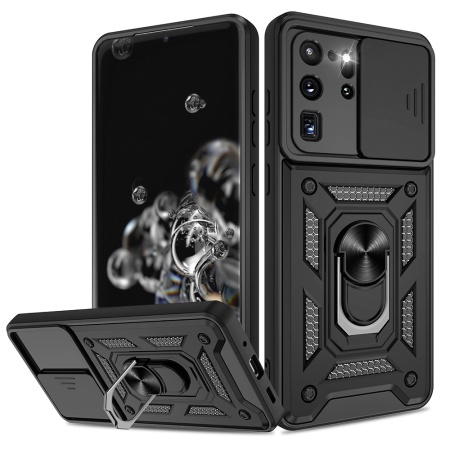 Husa pentru Samsung Galaxy S20 Ultra 5G / Galaxy S20 Ultra, SKYDDAR INNOVATION, CamShield, Inel magnetic, set cu sticker, Negru