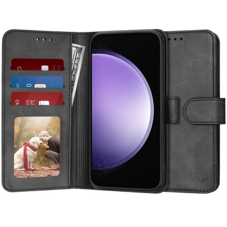 Husa pentru Samsung Galaxy S23 FE, SKYDDAR INNOVATION, Diary Book, tip carte, cu Portofel Interior, Antisoc, Negru, set cu sticker