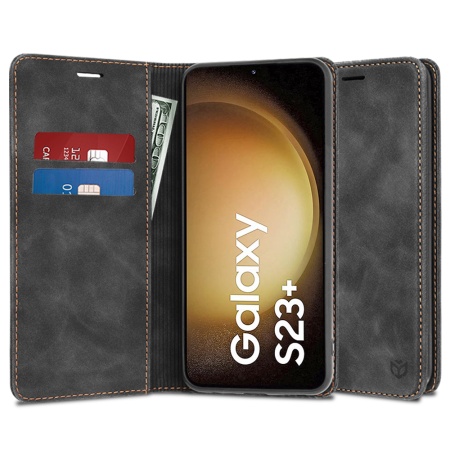 Husa pentru Samsung Galaxy S23 Plus, SKYDDAR INNOVATION, Soft Wallet, tip Carte din piele Eco Premium, cu Portofel Interior, Negru, set cu sticker
