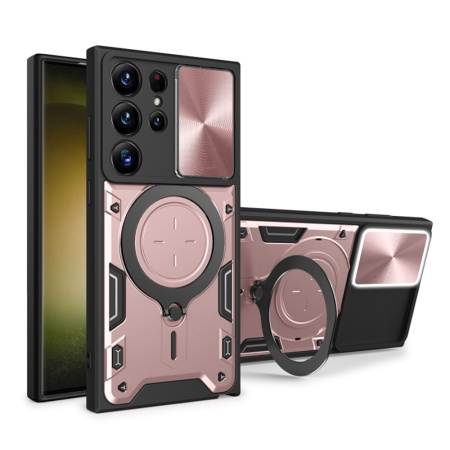 Husa pentru Samsung Galaxy S23 Ultra, SKYDDAR INNOVATION, CamGuard Pro, Inel Magnetic, Protectie Camera, set cu sticker, Roz auriu