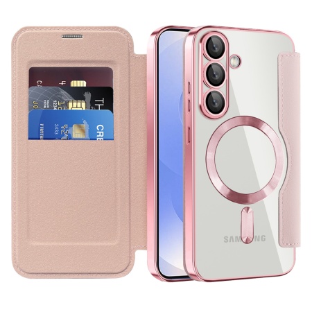 Husa pentru Samsung Galaxy S25 Plus tip carte, SKYDDAR INOVATION, SmartMag Book, Magsafe, RFiD, Suport Carduri, set cu sticker, Roz