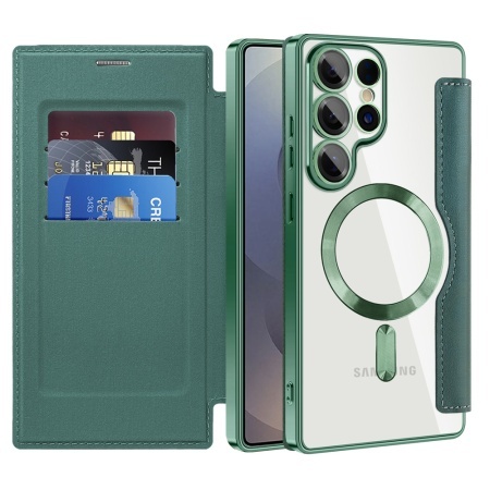 Husa pentru Samsung Galaxy S25 Ultra tip carte, SKYDDAR INOVATION, SmartMag Book, Magsafe, RFiD, Suport Carduri, set cu sticker, Verde