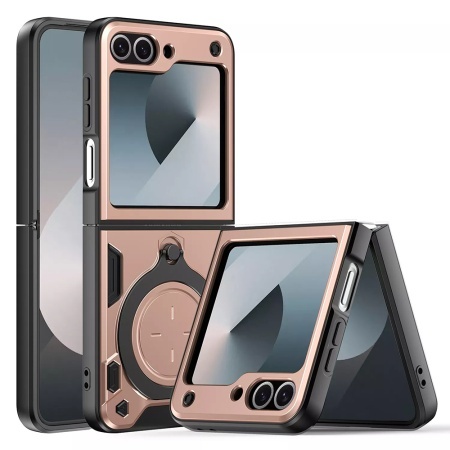 Husa pentru Samsung Galaxy Z Flip6, SKYDDAR INNOVATION, CamGuard Pro, Inel Magnetic, Protectie Camera, set cu sticker, Roz auriu