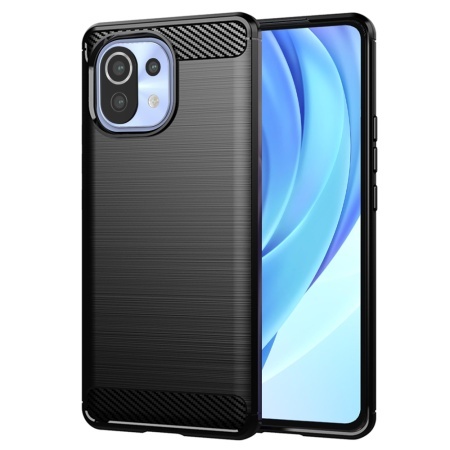 Husa pentru Xiaomi Mi 11 Lite / Mi 11 Lite 5G / 11 Lite 5G NE, SKYDDAR INNOVATION, Carbon Silicone, din Silicon Slim, cu textura Fibra Carbon, set cu sticker, Negru