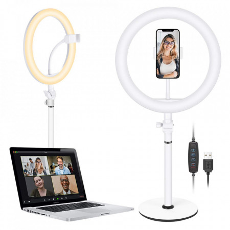Lampa circulara LED cu suport birou pentru telefon / laptop, Techsuit - Alb