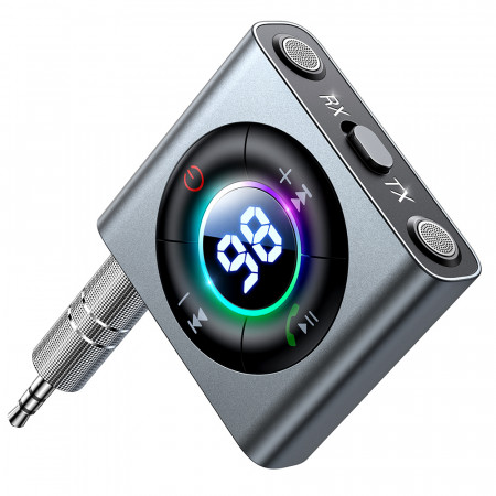 Modulator FM cu Jack 3.5mm, Bluetooth 5.3, cititor carduri, lumini RGB, display digital, JoyRoom - Gri