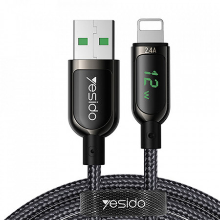 Cablu de date din Nailon cu display, USB la Lightning, 2.4A, 1.2M, Yesido (CA-84) - Negru