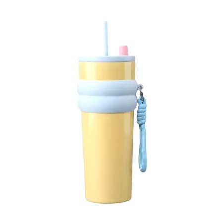 Cana termos, Cu pai, BPA-FREE, Rezistent la rugina si la scurgeri, Reutilizabil, Bauturi calde si reci, Pentru apa, ceai sau cafea, smoothie si multe altele, Otel inoxidabil, 710ml, THM7 - Galben