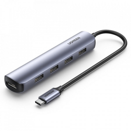 HUB Type-C la 4x USB-A 3.0 si HDMI 4k@30Hz, viteza 5Gbps , Ugreen (20197) - Gri