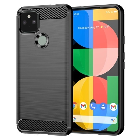 Husa pentru Google Pixel 5, SKYDDAR INNOVATION, Carbon Silicone, din Silicon Slim, cu textura Fibra Carbon, set cu sticker, Negru