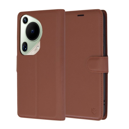 Husa pentru Huawei Pura 70 Ultra, SKYDDAR INNOVATION, Leather Folio tip Carte, cu Portofel Interior, Finisaje Premium, set cu sticker, Maro