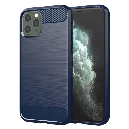 Husa pentru iPhone 11 Pro Max, SKYDDAR INNOVATION, Carbon Silicone, din Silicon Slim, cu textura Fibra Carbon, set cu sticker, Albastru