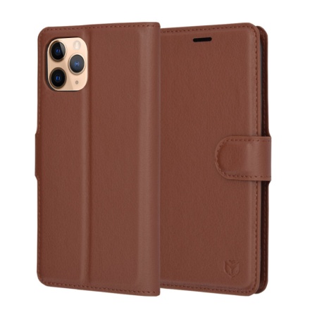 Husa pentru iPhone 11 Pro, SKYDDAR INNOVATION, Leather Folio tip Carte, cu Portofel Interior, Finisaje Premium, set cu sticker, Maro