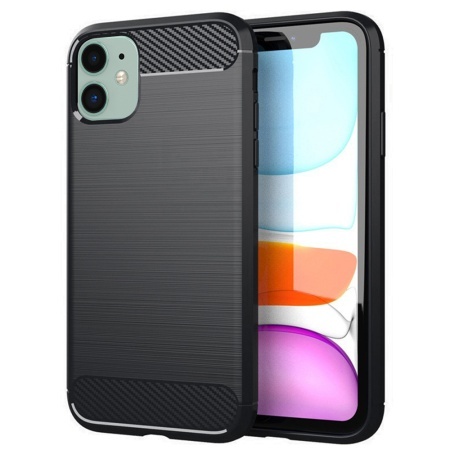 Husa pentru iPhone 11, SKYDDAR INNOVATION, Carbon Silicone, din Silicon Slim, cu textura Fibra Carbon, set cu sticker, Negru