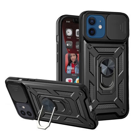 Husa pentru iPhone 12 / 12 Pro, SKYDDAR INNOVATION, CamShield, Negru, set cu sticker
