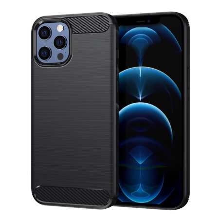 Husa pentru iPhone 12 Pro Max, SKYDDAR INNOVATION, Carbon Silicone, din Silicon Slim, cu textura Fibra Carbon, set cu sticker, Negru