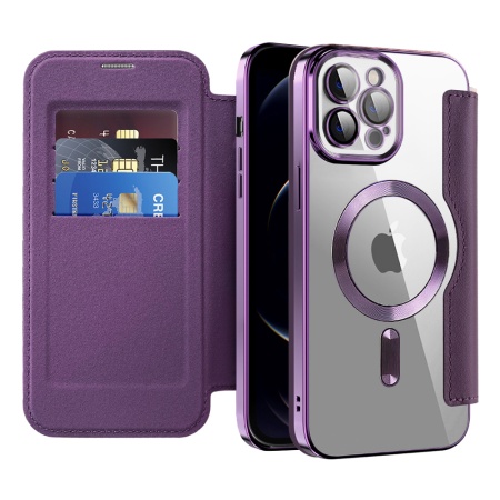 Husa pentru iPhone 12 Pro tip carte, SKYDDAR INOVATION, SmartMag Book, Magsafe, RFiD, Suport Carduri, set cu sticker, Mov