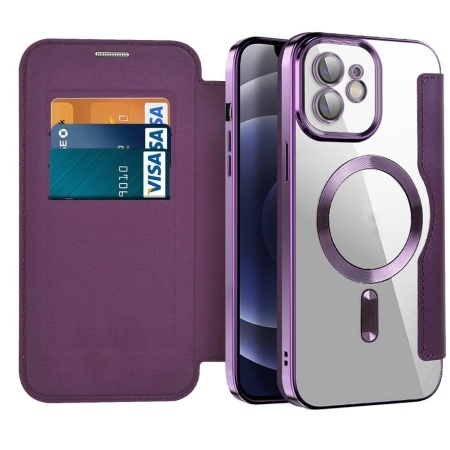 Husa pentru iPhone 12 tip carte, SKYDDAR INOVATION, SmartMag Book, Magsafe, RFiD, Suport Carduri, set cu sticker, Mov