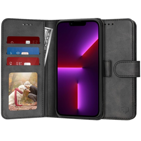 Husa pentru iPhone 13 Pro, SKYDDAR INNOVATION, Diary Book, tip carte, cu Portofel Interior, Antisoc, Negru, set cu sticker