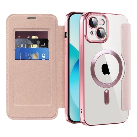 Husa pentru iPhone 13 tip carte, SKYDDAR INOVATION, SmartMag Book, Magsafe, RFiD, Suport Carduri, set cu sticker, Roz