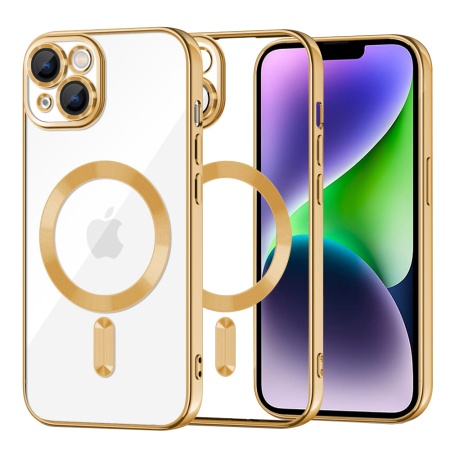Husa pentru iPhone 14 Plus, SKYDDAR INNOVATION, Luxury Shield Magsafe, Protectie Antisoc, Auriu, set cu sticker