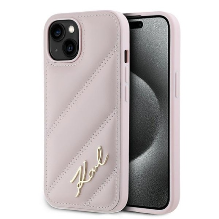 Husa pentru iPhone 15 Plus, Diagonal Quilted Script, Karl Lagerfeld - Roz