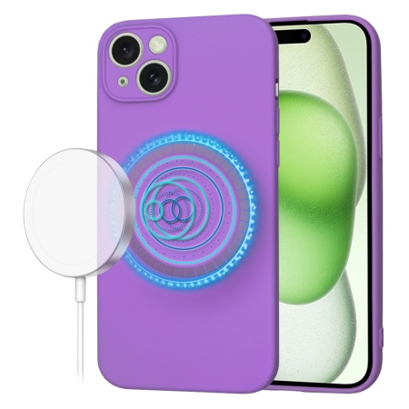 Husa pentru iPhone 15 Plus, SKYDDAR INNOVATION, din Silicon Catifelat, SoftFlex Magsafe, Mov, set cu sticker