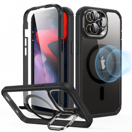 Husa pentru iPhone 15 Pro Max + Folie, ESR Armor Tough Kickstand HaloLock - Transparent Negru