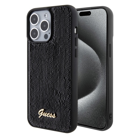 Husa pentru iPhone 15 Pro Max, Sequin Script Metal, Guess - Negru