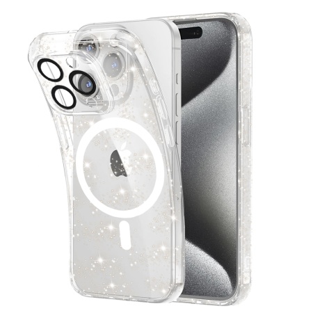 Husa pentru iPhone 15 Pro Max, SKYDDAR INNOVATION, SparkleSkin Magsafe, din Silicon TPU cu Sclipici, Design Elegant si Ultra Subtire, Transparenta, set cu sticker