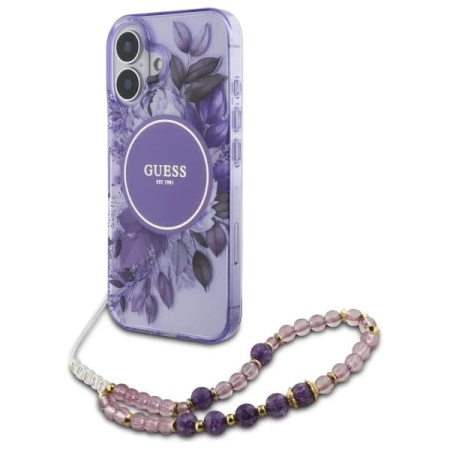 Husa pentru iPhone 16 Plus, IML Flowers with Pearl Strap MagSafe, Guess - Mov
