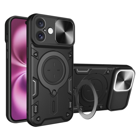 Husa pentru iPhone 16 Plus, SKYDDAR INNOVATION, CamGuard Pro, Inel Magnetic, Protectie Camera, Negru, set cu sticker