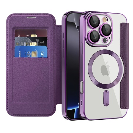 Husa pentru iPhone 16 Pro Max tip carte, SKYDDAR INOVATION, SmartMag Book, Magsafe, RFiD, Suport Carduri, set cu sticker, Mov