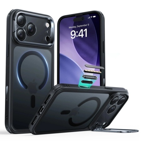 Husa pentru iPhone 17 Pro, slim, ESR Classic Hybrid HaloLock Kickstand, Negru frost
