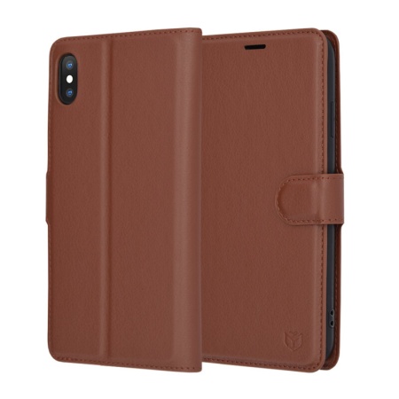 Husa pentru iPhone XS Max, SKYDDAR INNOVATION, Leather Folio tip Carte, cu Portofel Interior, Finisaje Premium, set cu sticker, Maro