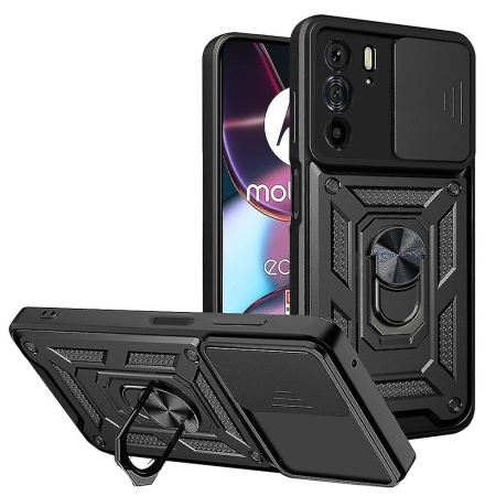 Husa pentru Motorola Edge 30 Pro, SKYDDAR INNOVATION, CamShield, Inel magnetic, set cu sticker, Negru