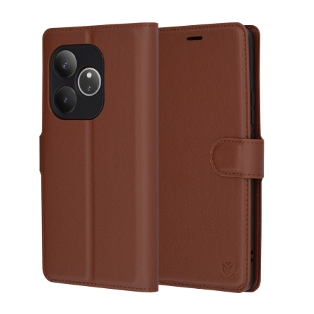 Husa pentru Realme GT 6 / GT 6T, SKYDDAR INNOVATION, Leather Folio tip Carte, cu Portofel Interior, Finisaje Premium, set cu sticker, Maro