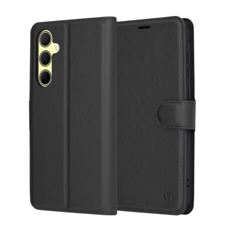 Husa pentru Samsung Galaxy A35 5G, SKYDDAR INNOVATION, Leather Folio tip Carte, cu Portofel Interior, Finisaje Premium, set cu sticker, Negru