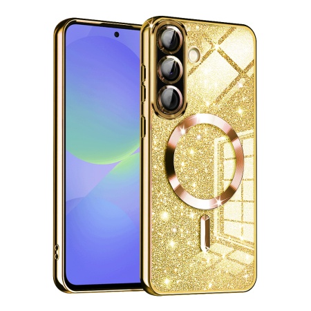 Husa pentru Samsung Galaxy A36 5G / Galaxy A56 5G, SKYDDAR INNOVATION, Luxury Glitter Magsafe, Antisoc, Fundal Detasabil 2-in-1, Protectie Superioara, Margini Ridicate, Auriu, set cu sticker
