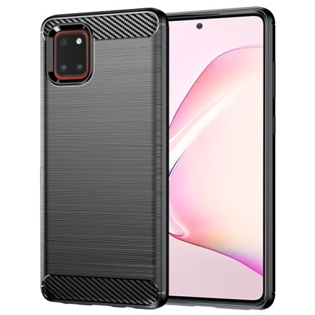 Husa pentru Samsung Galaxy Note 10 Lite, SKYDDAR INNOVATION, Carbon Silicone, din Silicon Slim, cu textura Fibra Carbon, set cu sticker, Negru